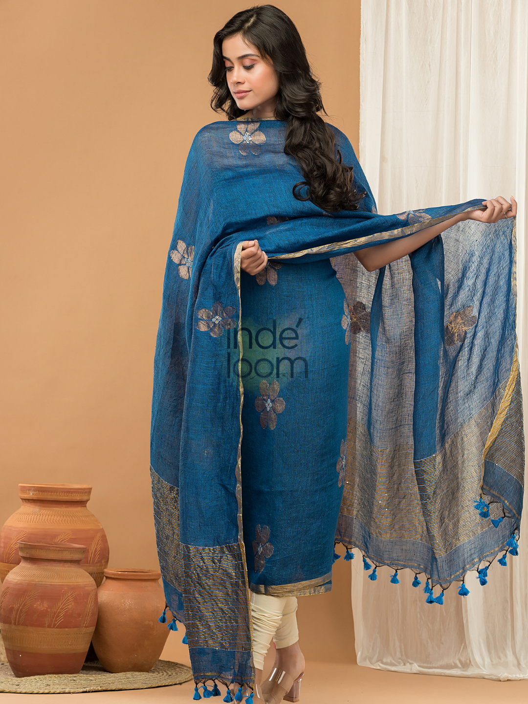 Cassic Blue color Jamdani 2-Piece Set Kurti & Dupatta (UNSTITCHED) - 158