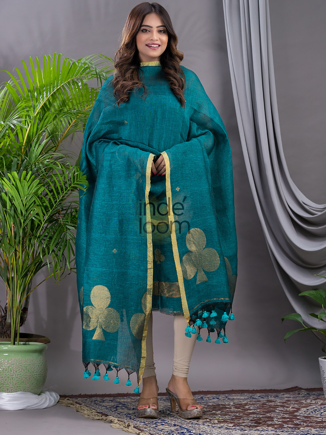Teal Blue Cotton Linen 2-Piece Set Kurti & Dupatta (UNSTITCHED) - 121