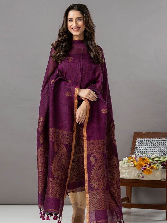 Handwoven Jamdani Linen Unstitched 2-Piece Kurti | Deep Plum Purple