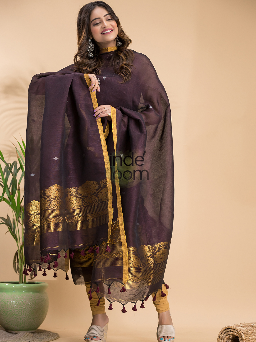 Vintage Grape | Handloom Jamdani Linen Unstitched 2-Piece Kurti | Benaras Design