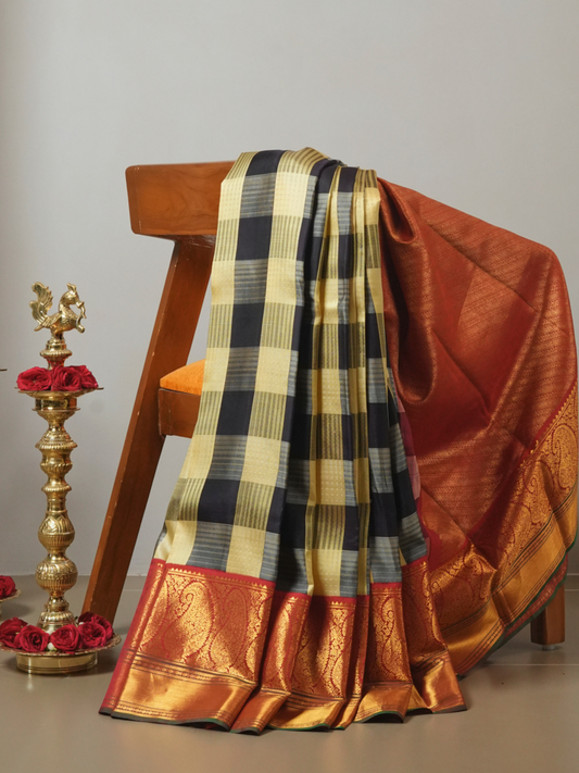 Silk Mark Certified Handloom Kanjivaram Silk Saree  |  Midnight Black