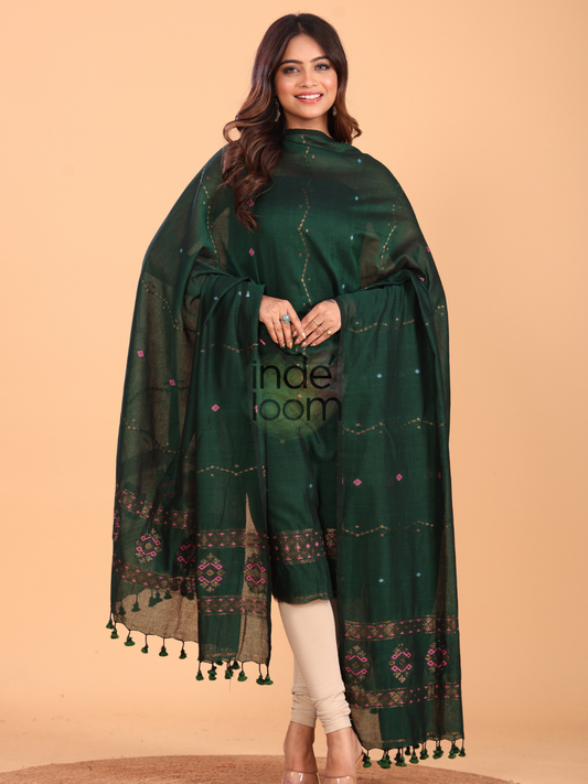 Dark Green 120 Count Cotton Jamdani 2-Piece Set Kurti & Dupatta (UNSTITCHED) - 091