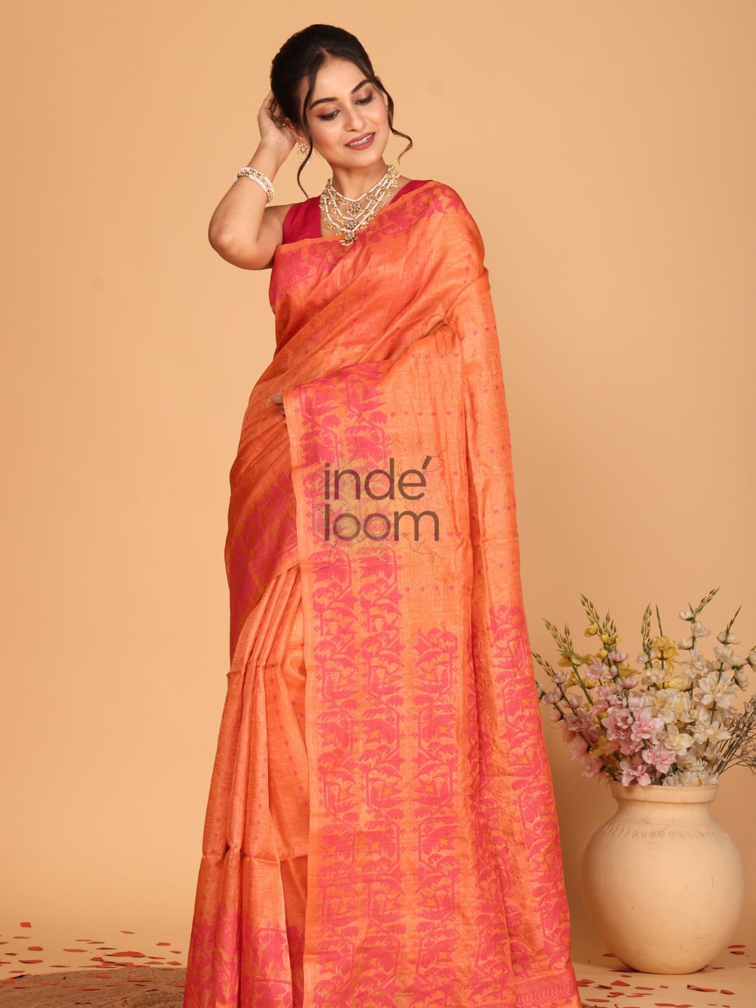 Tissue Jamdani Saree With Spanish Orange - 131