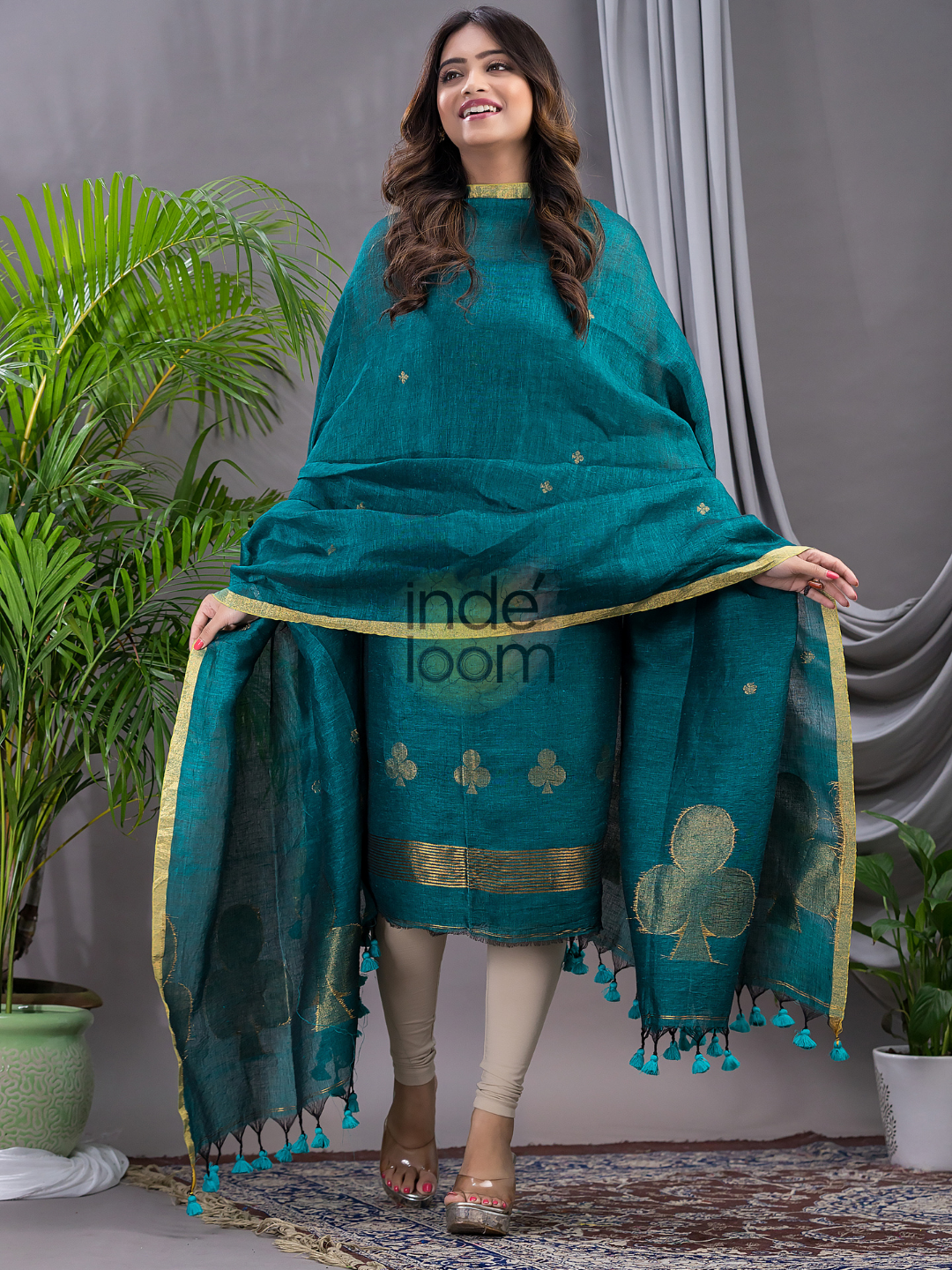 Teal Blue Cotton Linen 2-Piece Set Kurti & Dupatta (UNSTITCHED) - 121