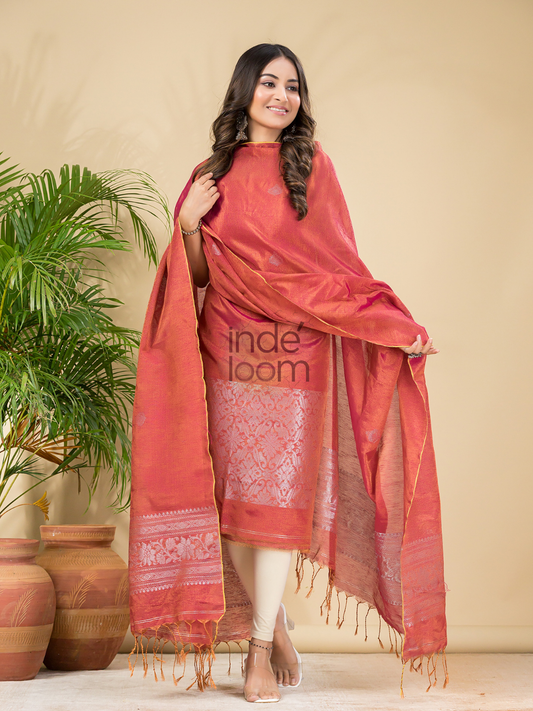Apple Red Tissue Linen Silver Zari Jamdani 2-Piece Set Kurti & Dupatta (UNSTITCHED) - 880