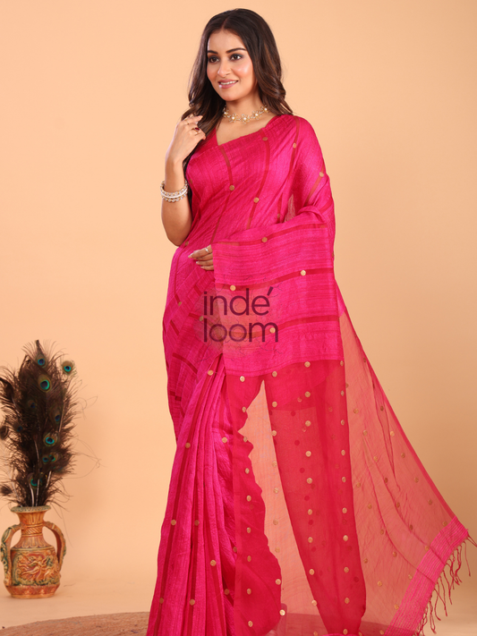 Handwoven Pure Jamdani Silk Saree  |  Magenta Pink