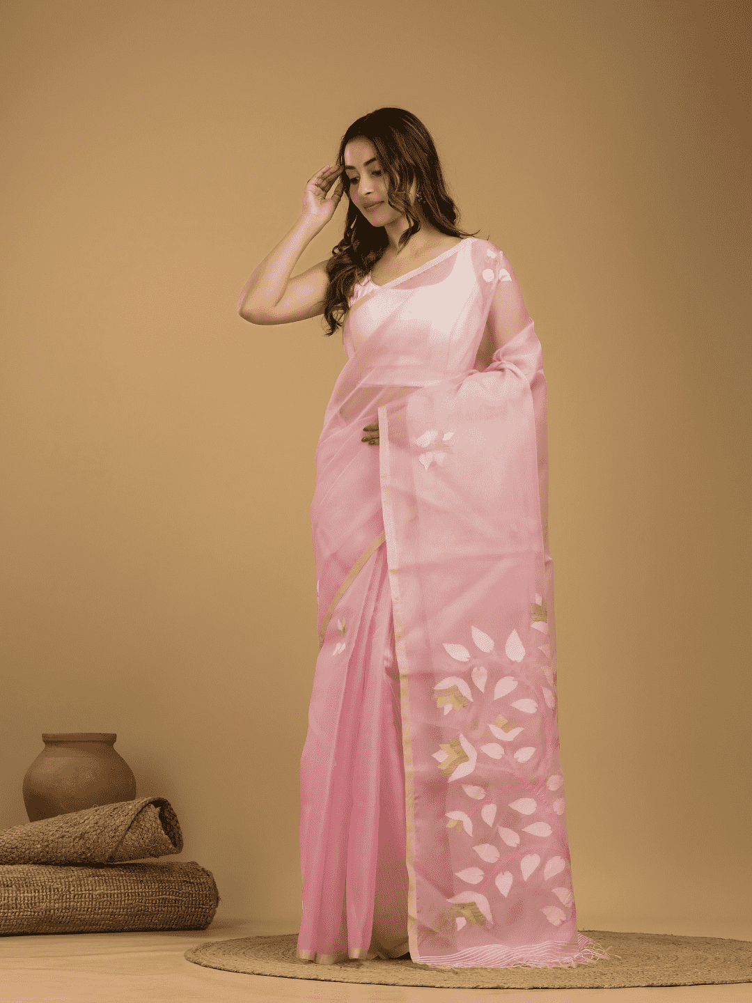 Jamdani Saree With Rose Pink - 023 - indeloom