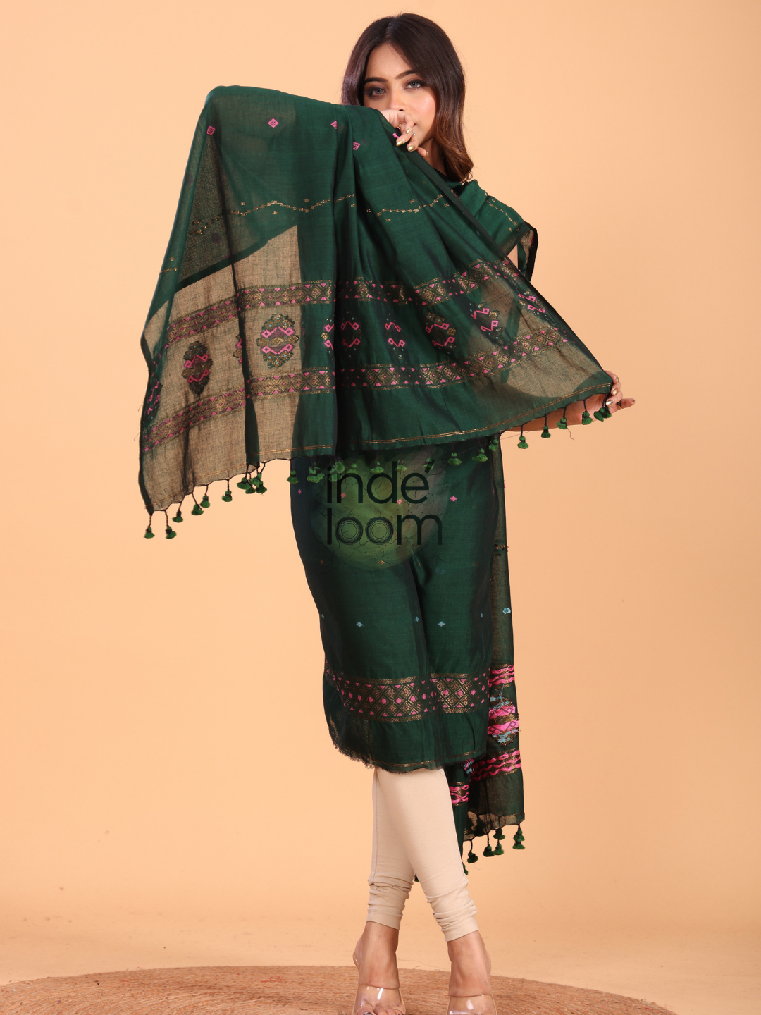 Dark Green 120 Count Cotton Jamdani 2-Piece Set Kurti & Dupatta (UNSTITCHED) - 091