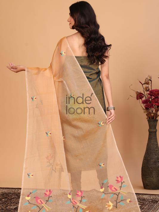 Pure Handloom Muslin Jamdani Dupatta  With Pale Orange - 037