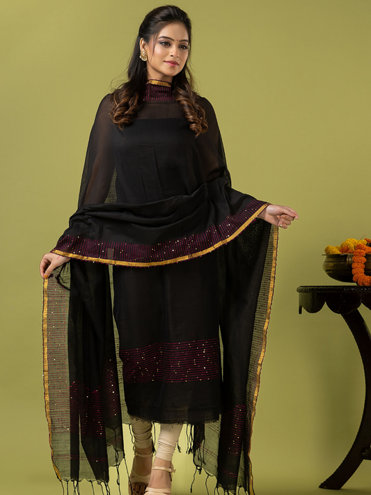 Handwoven Jamdani cotton Unstitched 2-piece Kurti | Jet Black