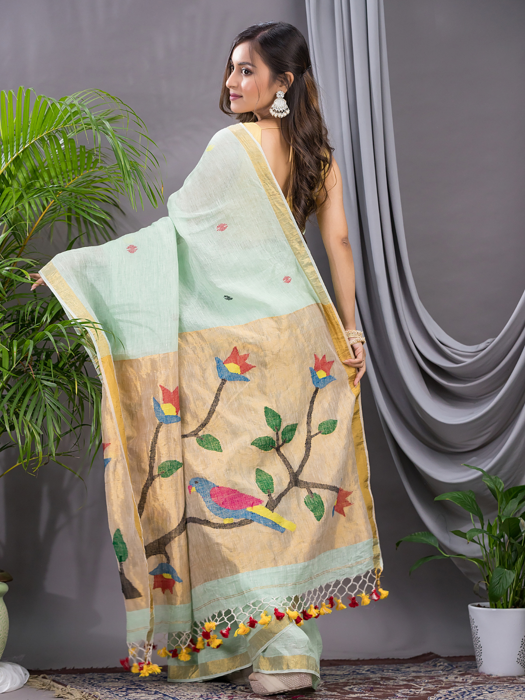 Linen Jamdani Saree With Mint Green - 023