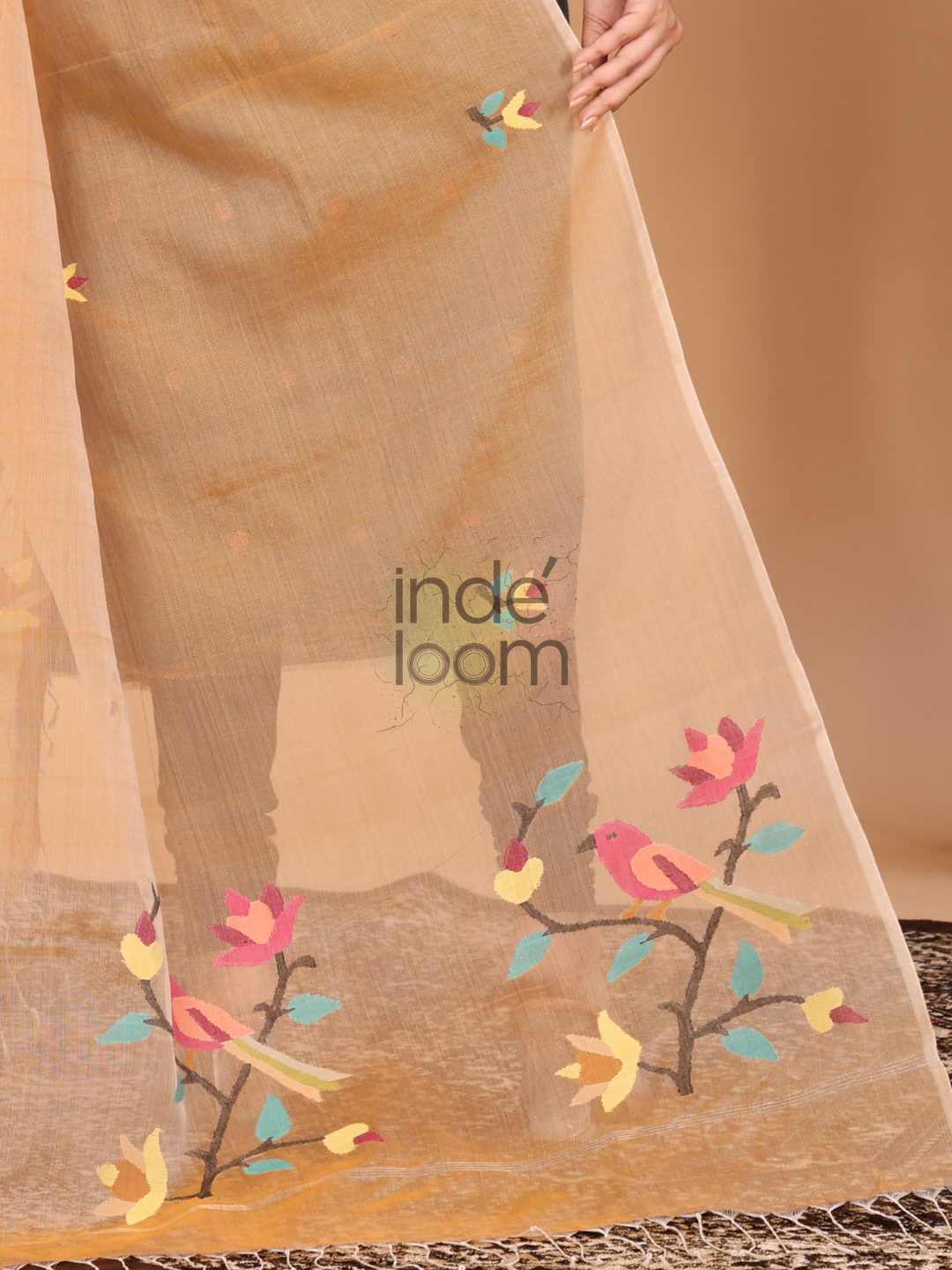 Pure Handloom Muslin Jamdani Dupatta  With Pale Orange - 037