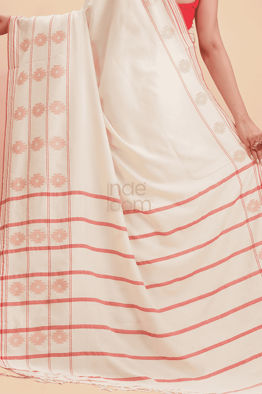 Dewali Saree Handloom Cotton in Red White 017 - indeloom