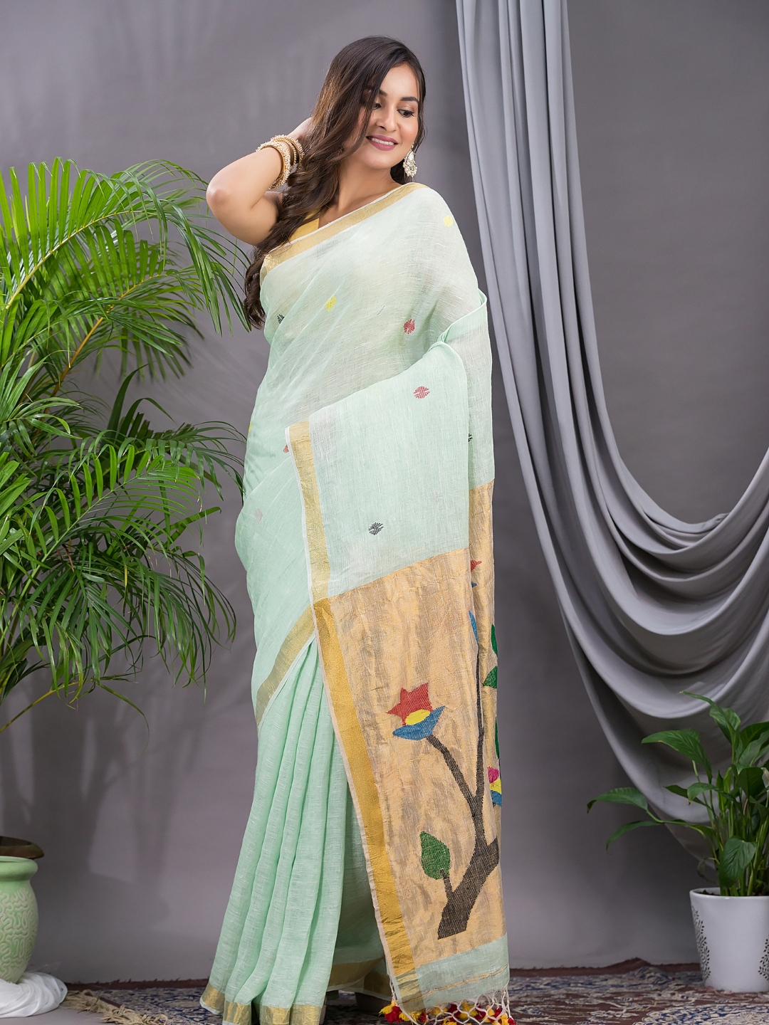 Linen Jamdani Saree With Mint Green - 023