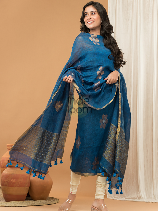 Cassic Blue color Jamdani 2-Piece Set Kurti & Dupatta (UNSTITCHED) - 158