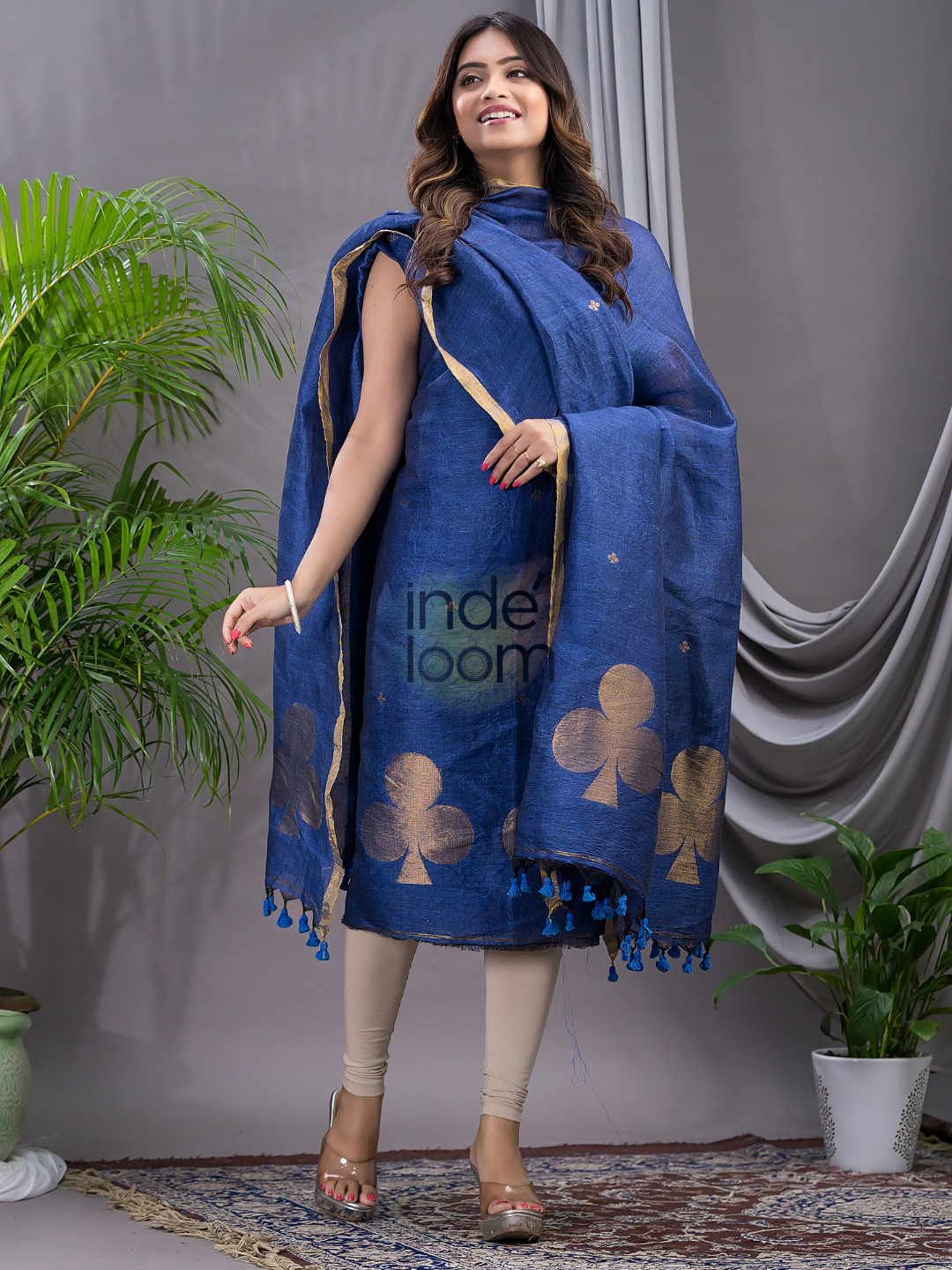 Navy Blue Cotton Linen 2-Piece Set Kurti & Dupatta (UNSTITCHED) - 122