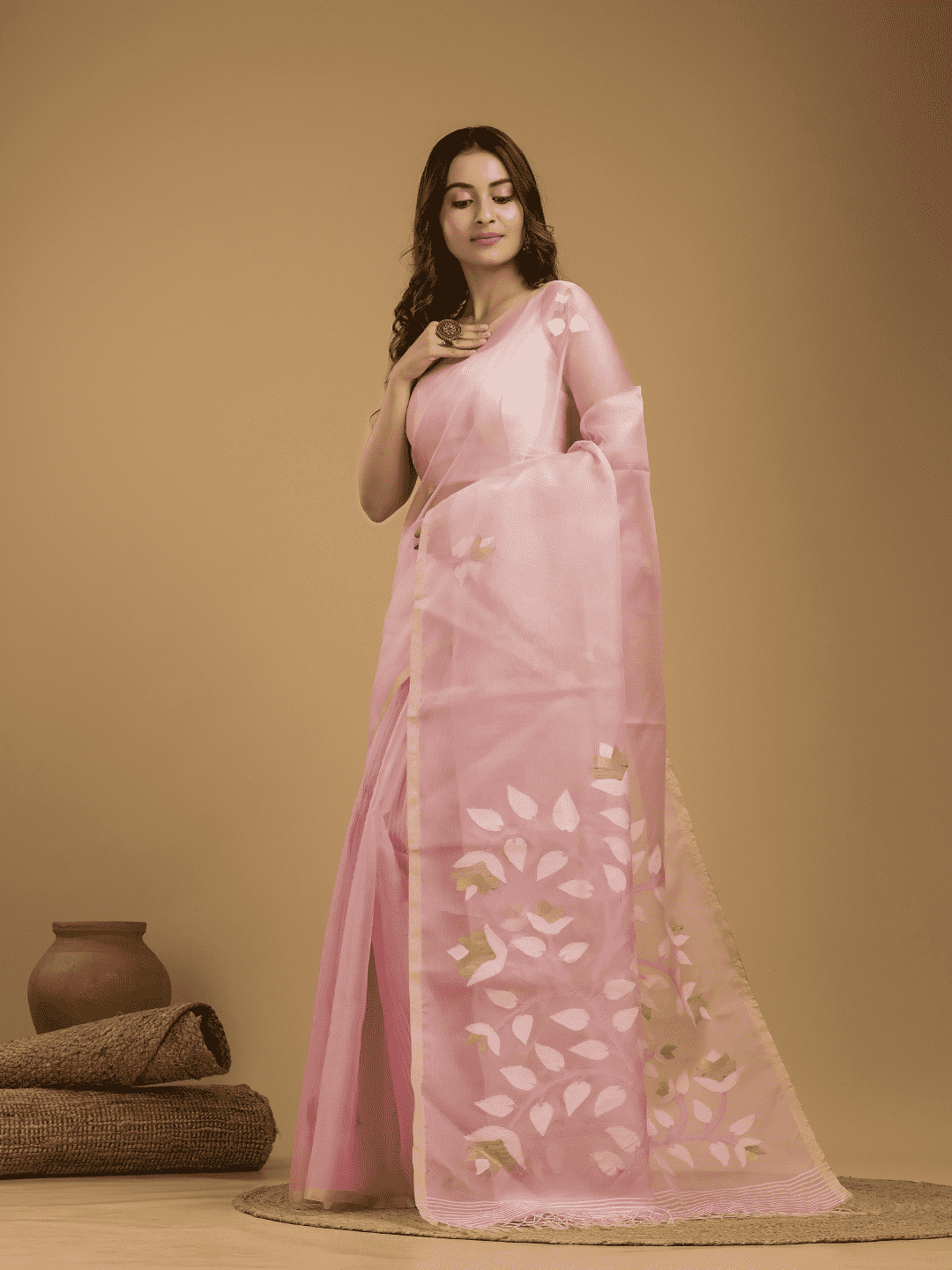 Jamdani Saree With Rose Pink - 023 - indeloom