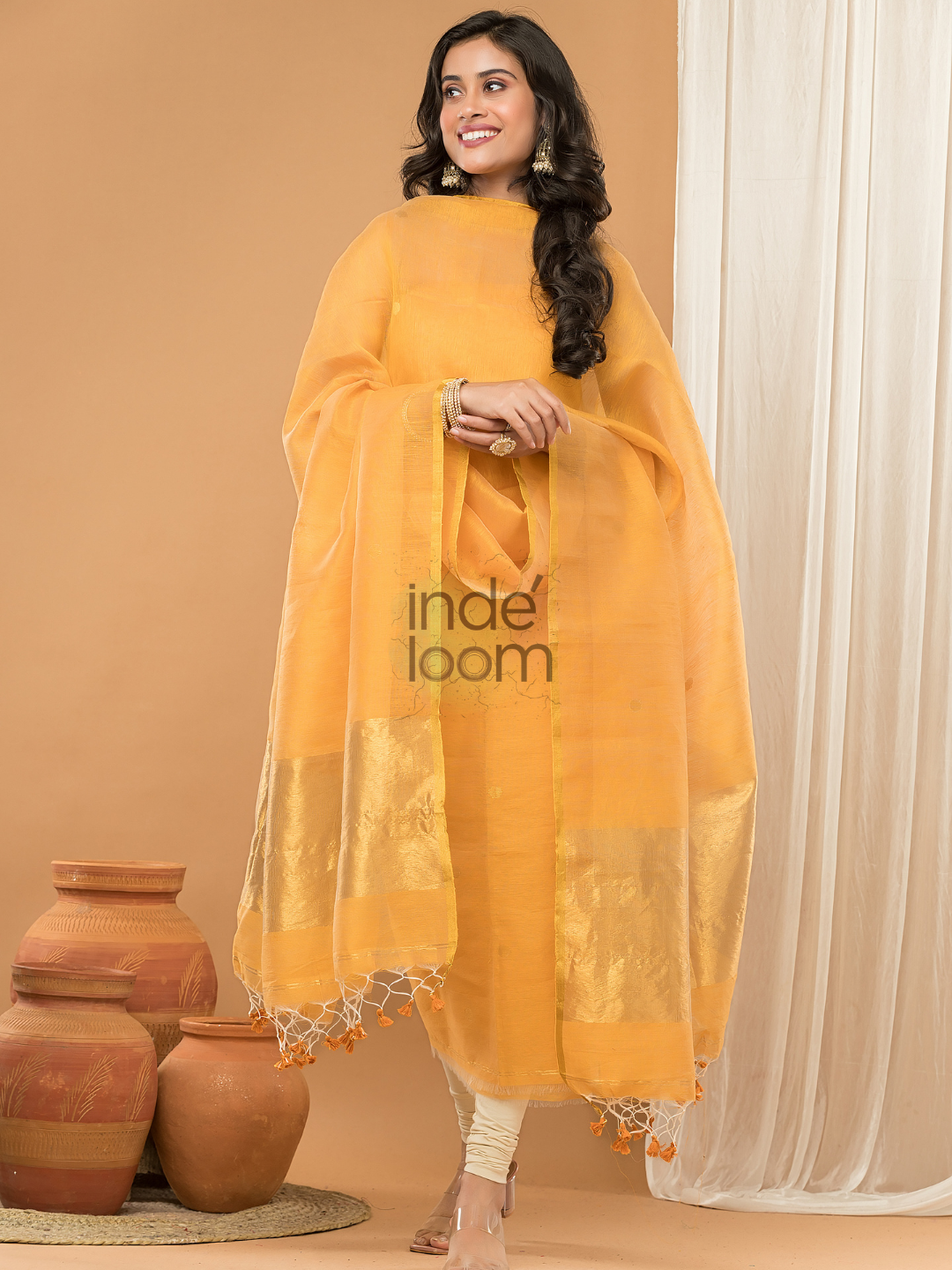 Linen Jamdani Unstitched 2-Piece Kurti  |  Marigold Yellow
