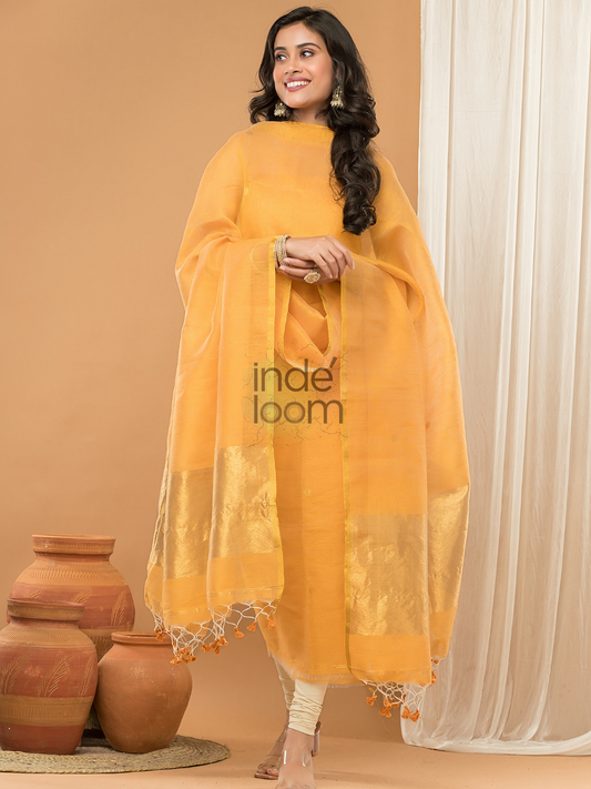 Handwoven Jamdani Linen Unstitched 2-piece Kurti  |  Mustard Yellow