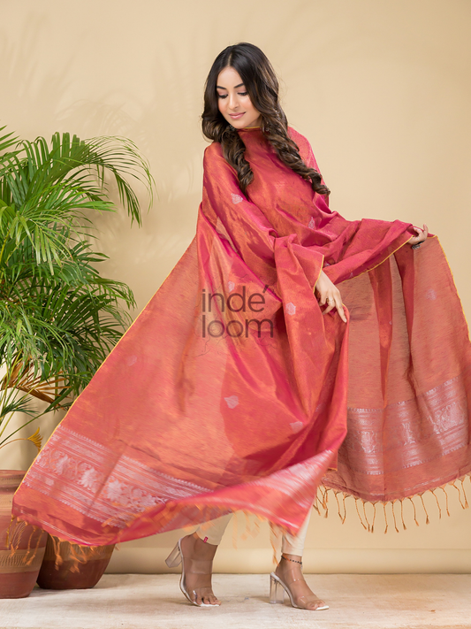 Apple Red Tissue Linen Silver Zari Jamdani 2-Piece Set Kurti & Dupatta (UNSTITCHED) - 880