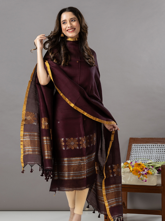 Handwoven Jamdani Linen Unstitched 2-Piece Kurti | Deep Plum