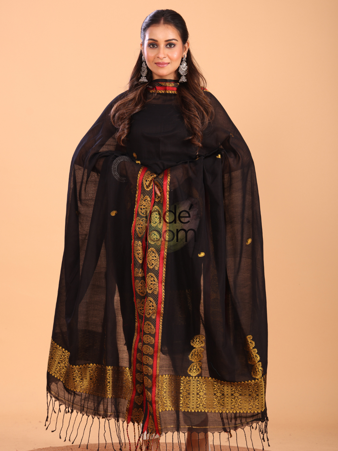 True Black Baluchari Linen 2-Piece Set Kurti & Dupatta (UNSTITCHED) - 093