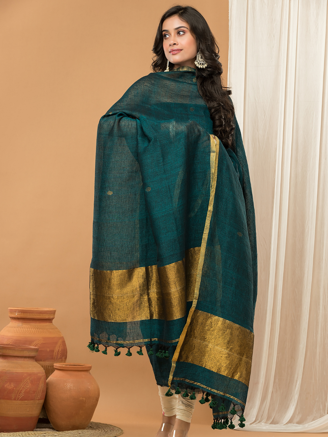 Green forest  color  with gold Jamdani 2-Piece Set Kurti & Dupatta (UNSTITCHED) - 159