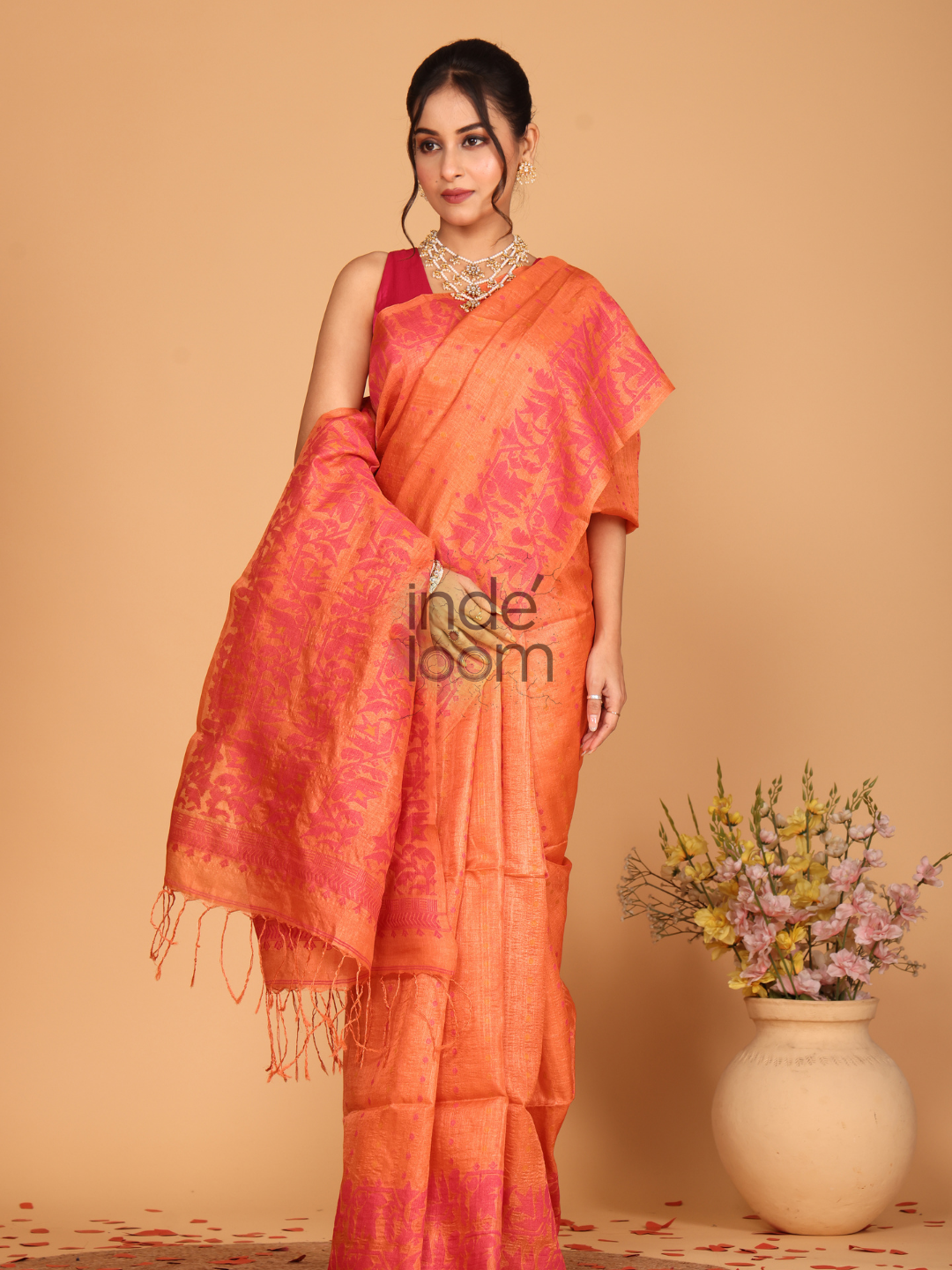 Tissue Jamdani Saree With Spanish Orange - 131