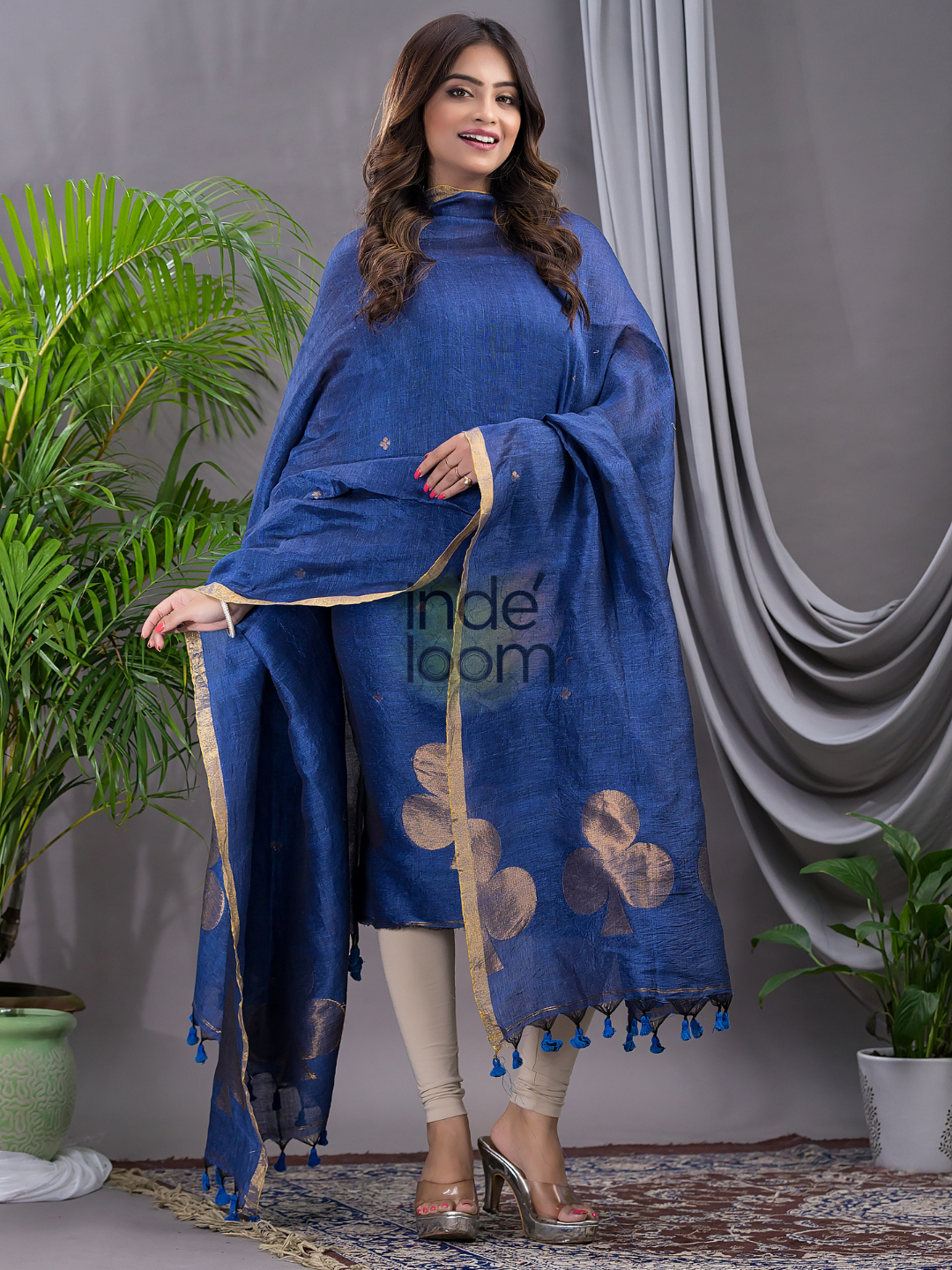 Navy Blue Cotton Linen 2-Piece Set Kurti & Dupatta (UNSTITCHED) - 122