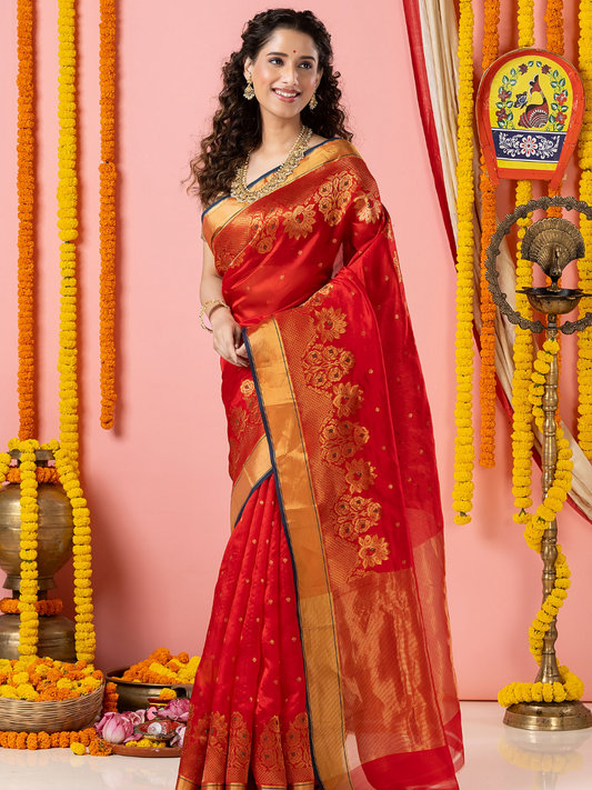 Handwoven Chanderi Silk Saree | Classic Red