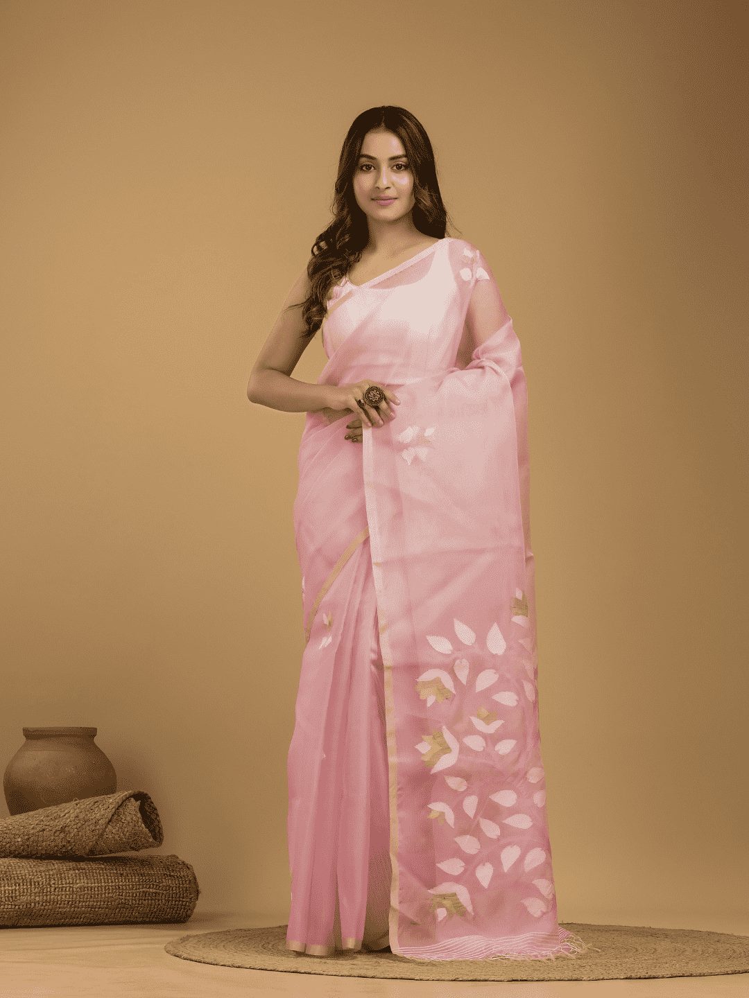 Jamdani Saree With Rose Pink - 023 - indeloom
