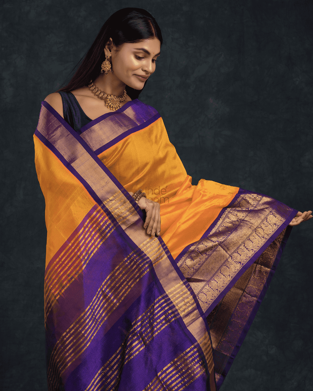 Pure handloom Korvai Silk Cotton Saree in Golden Yellow and Golden Purple Border - 050