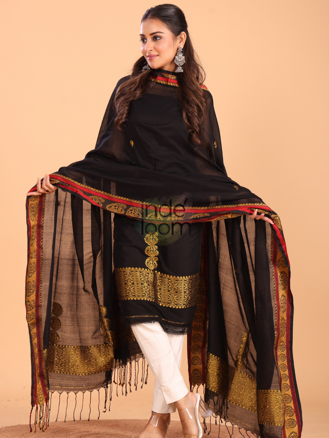 True Black Baluchari Linen 2-Piece Set Kurti & Dupatta (UNSTITCHED) - 093