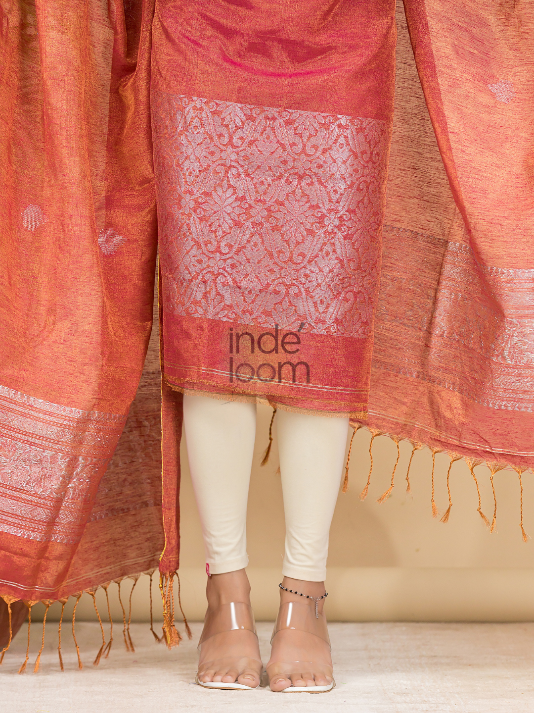 Apple Red Tissue Linen Silver Zari Jamdani 2-Piece Set Kurti & Dupatta (UNSTITCHED) - 880