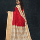 Pure handloom Korvai Silk Cotton Saree in Hot Red and Ivory White Border - 001
