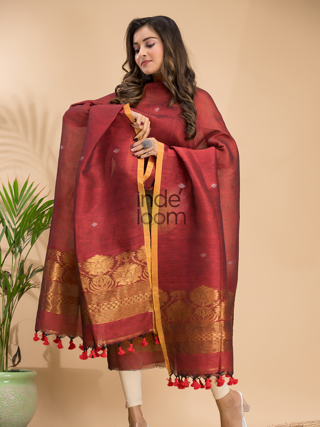 Cherry Red Cotton Linen 2-Piece Set Kurti & Dupatta (UNSTITCHED) - 023