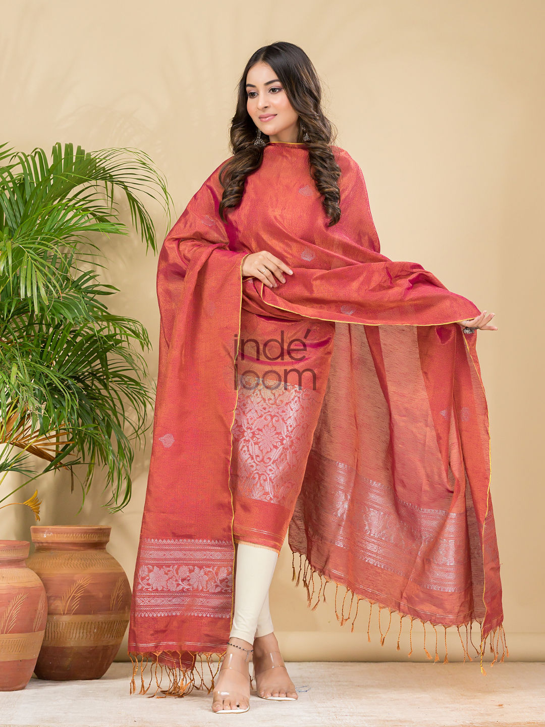 Apple Red Tissue Linen Silver Zari Jamdani 2-Piece Set Kurti & Dupatta (UNSTITCHED) - 880