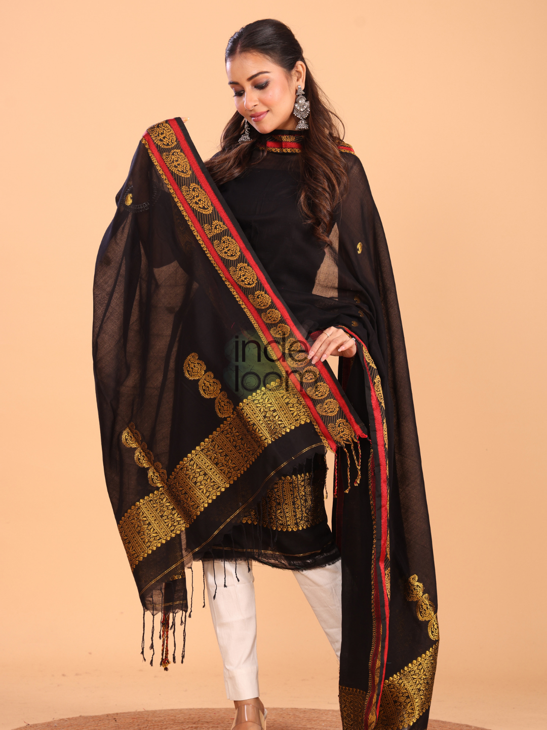 True Black Baluchari Linen 2-Piece Set Kurti & Dupatta (UNSTITCHED) - 093