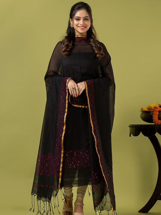 Handwoven Jamdani cotton Unstitched 2-piece Kurti | Jet Black