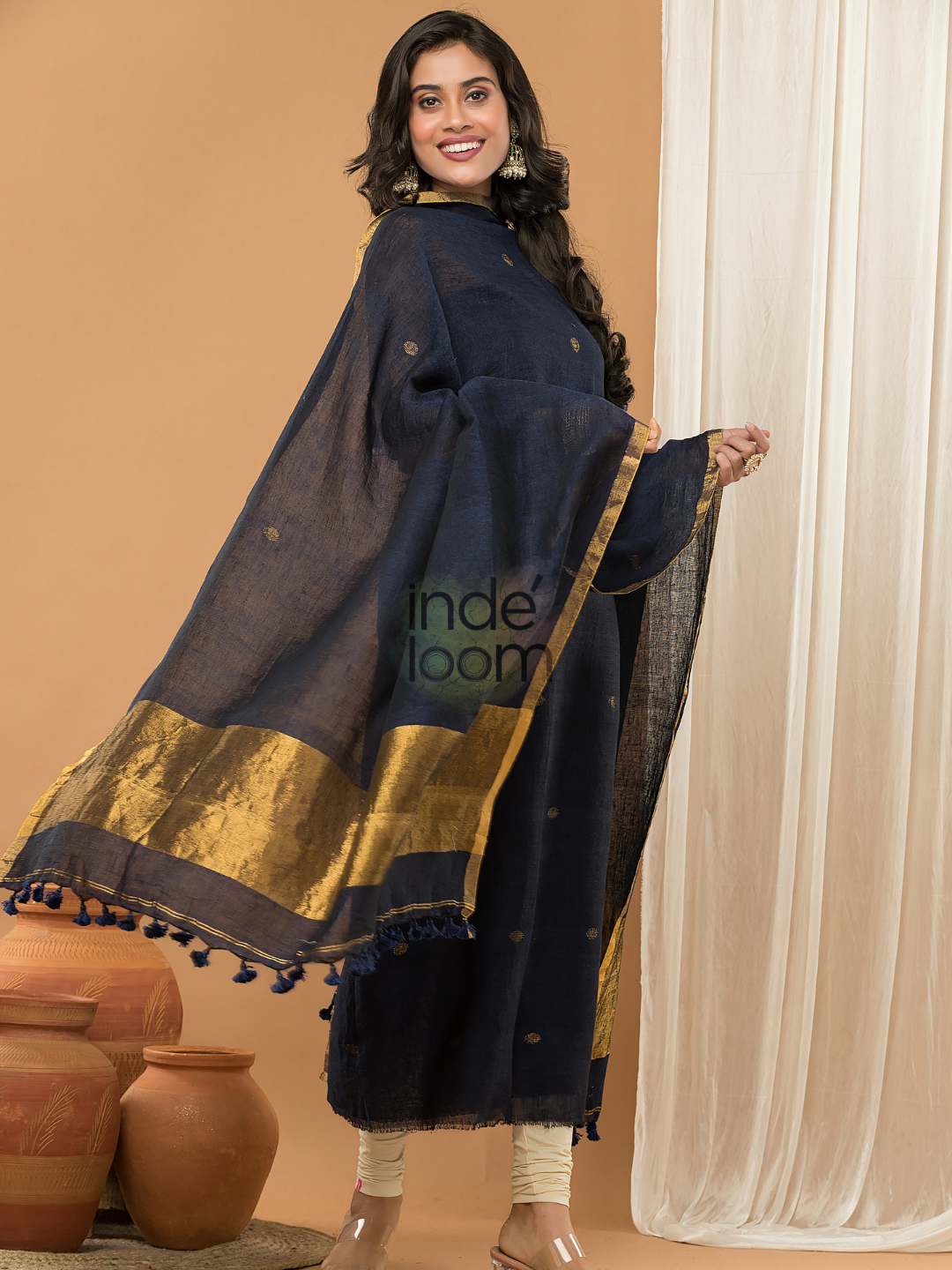 Linen Jamdani Unstitched 2-Piece Kurti  |  Midnight Blue