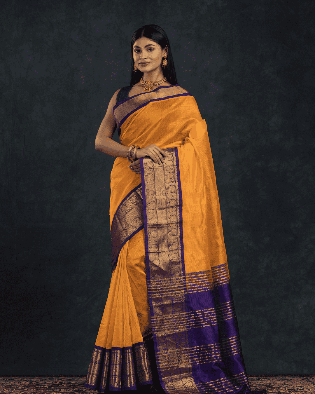 Pure handloom Korvai Silk Cotton Saree in Golden Yellow and Golden Purple Border - 050
