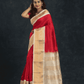 Pure handloom Korvai Silk Cotton Saree in Hot Red and Ivory White Border - 001
