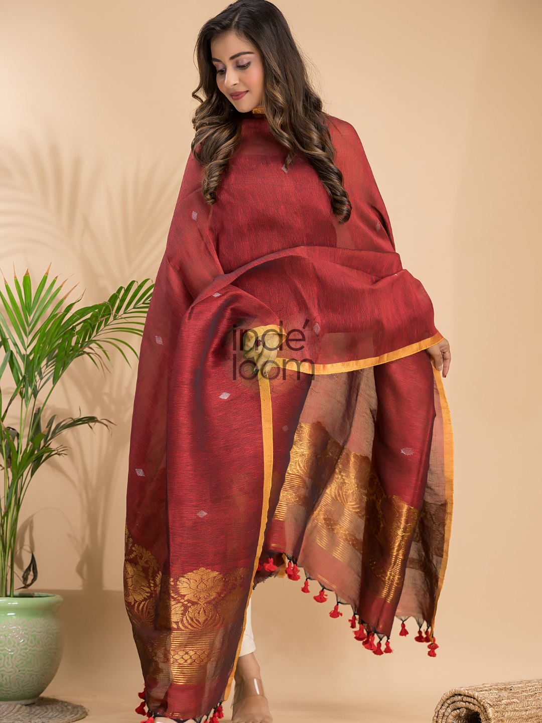 Cherry Red Cotton Linen 2-Piece Set Kurti & Dupatta (UNSTITCHED) - 023
