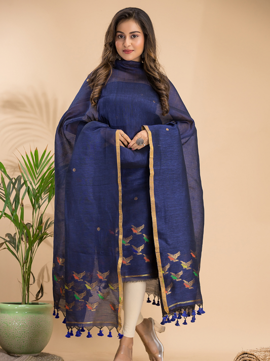Handwoven Jamdani Cotton Linen Unstitched 2-piece Kurti  |  Steel Blue