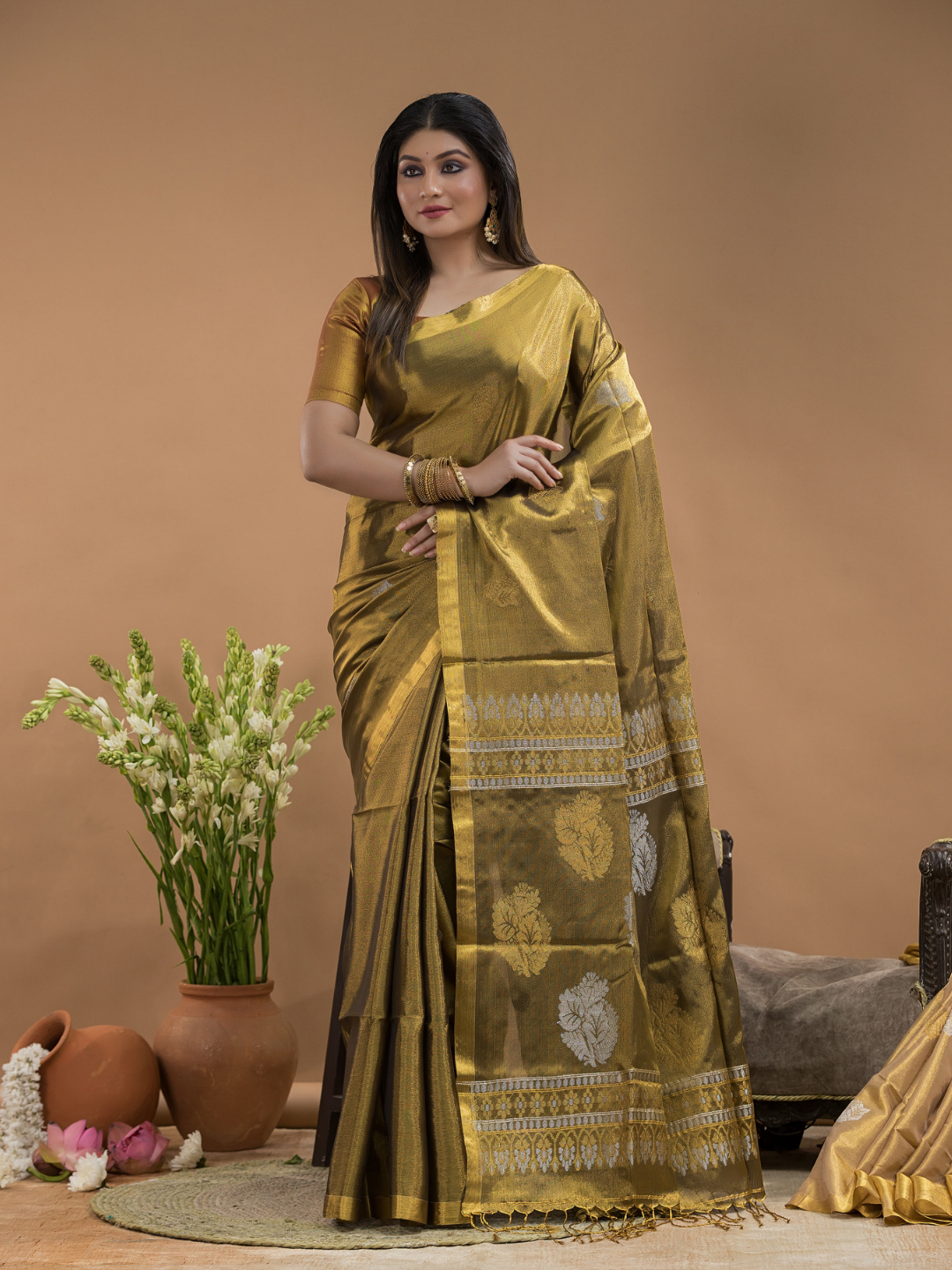 Tissue Silk Saree Shaded Golden Brown With Green Border - 028