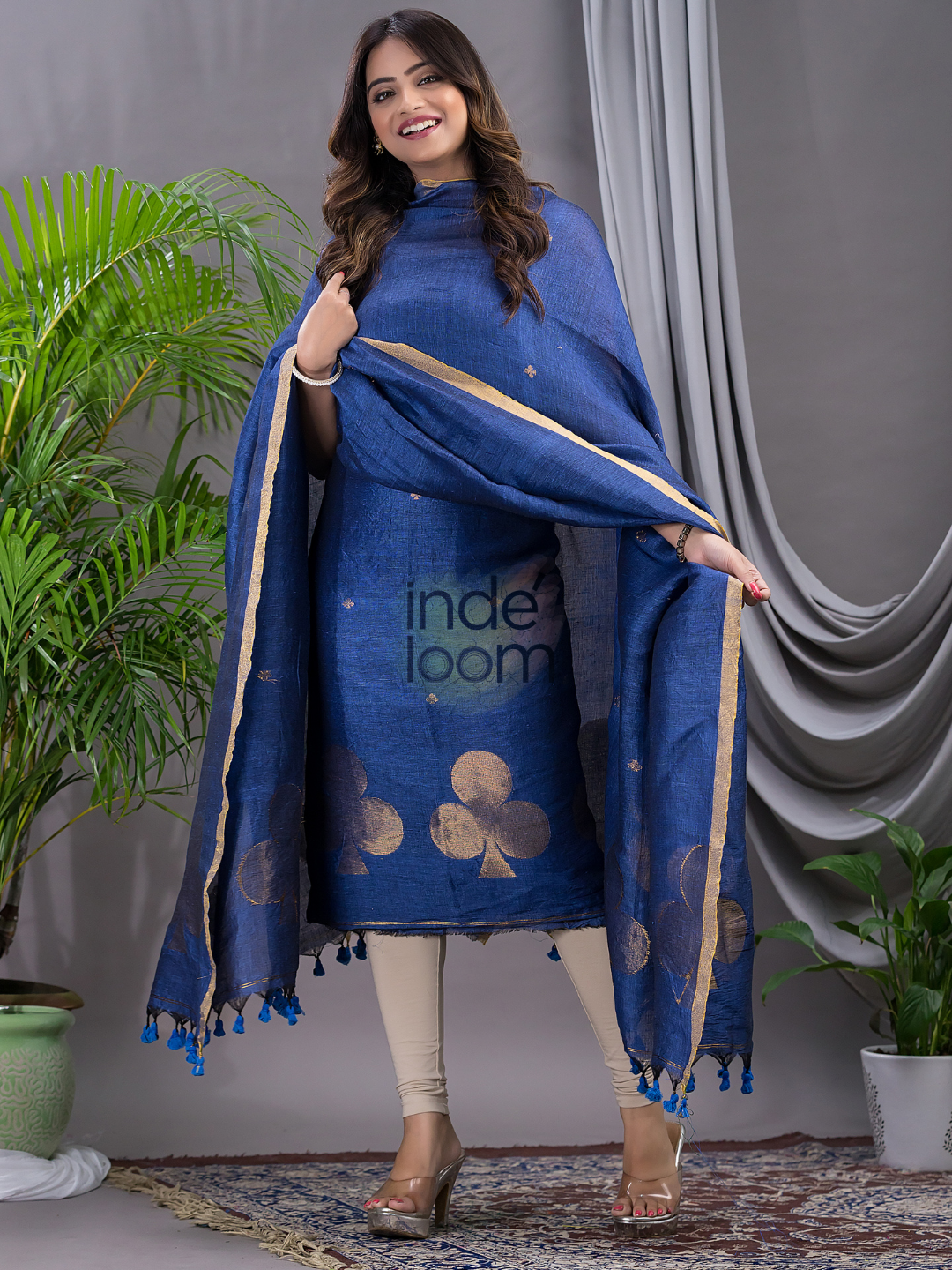 Navy Blue Cotton Linen 2-Piece Set Kurti & Dupatta (UNSTITCHED) - 122