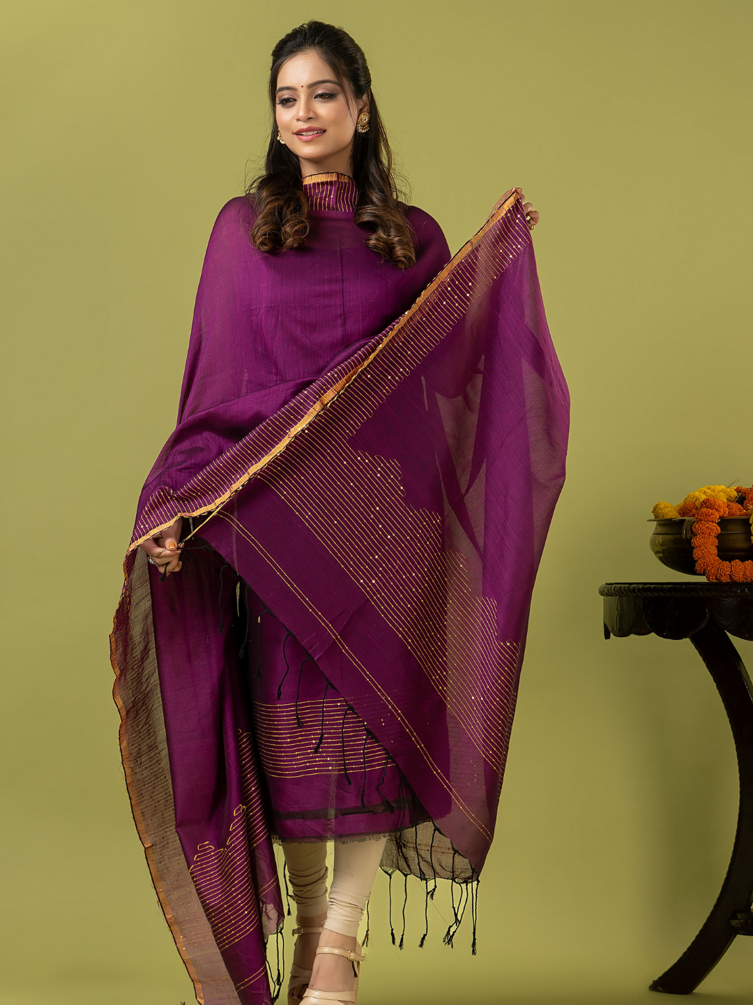 Handwoven Jamdani cotton Unstitched 2-piece Kurti | Deep Magenta Purple