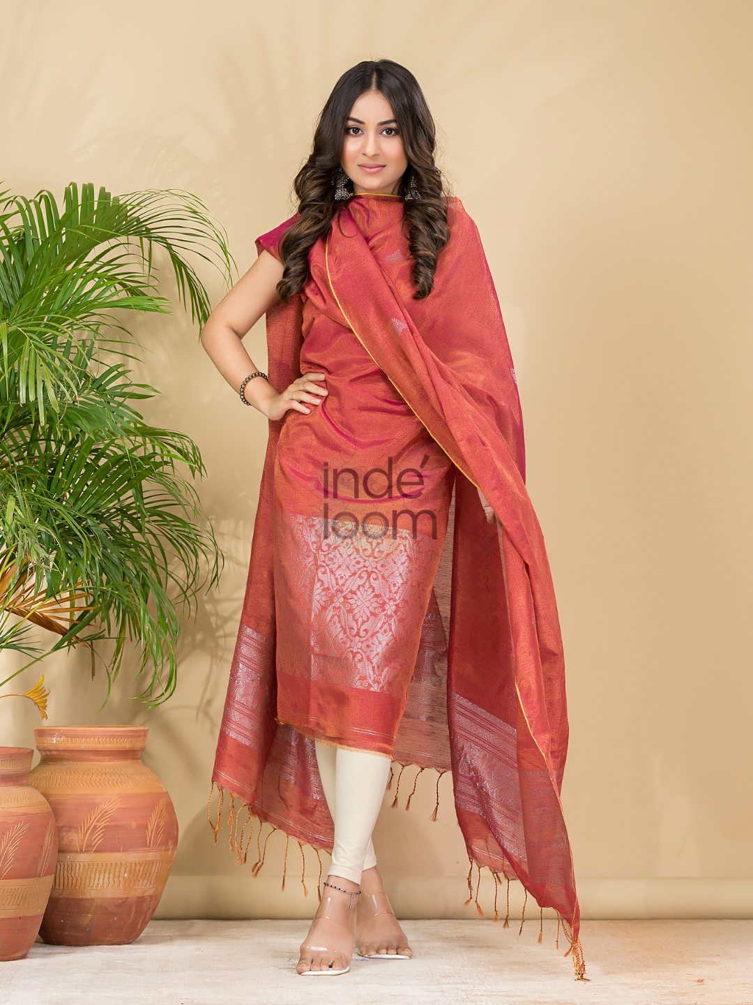 Apple Red Tissue Linen Silver Zari Jamdani 2-Piece Set Kurti & Dupatta (UNSTITCHED) - 880