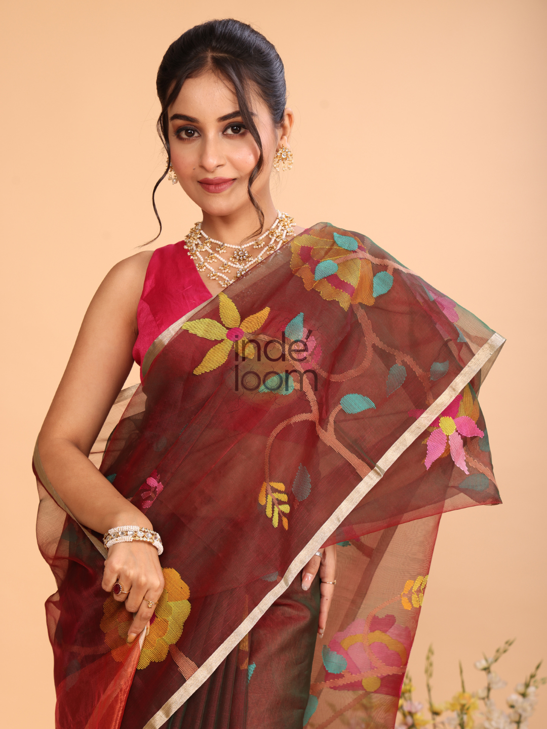 Muslin Jamdani Saree With Mahagany Red - 132