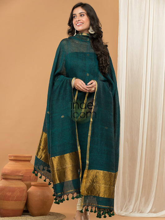Green forest  color  with gold Jamdani 2-Piece Set Kurti & Dupatta (UNSTITCHED) - 159